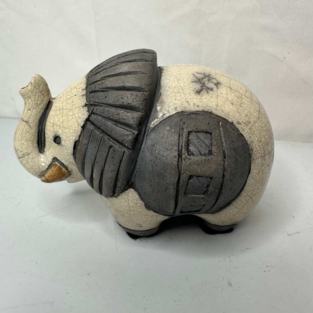 Studio Pottery Raku Elephant Figurine Crackle Glaze Ceramic Animal Decor Art - Picture 2 of 5
